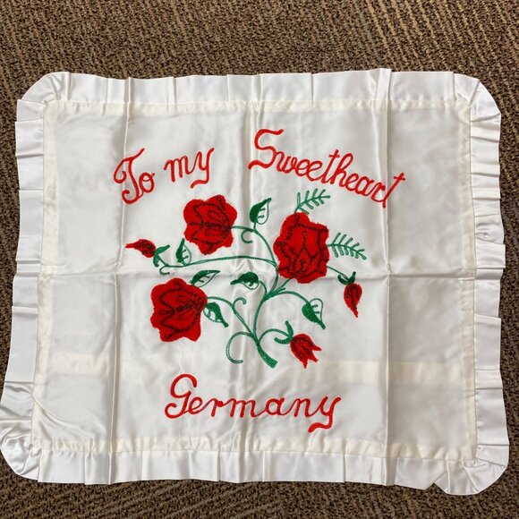 Vintage Embroidered Sweetheart Pillowcase With Red Roses & Text "To My Sweethear - Picture 1 of 12
